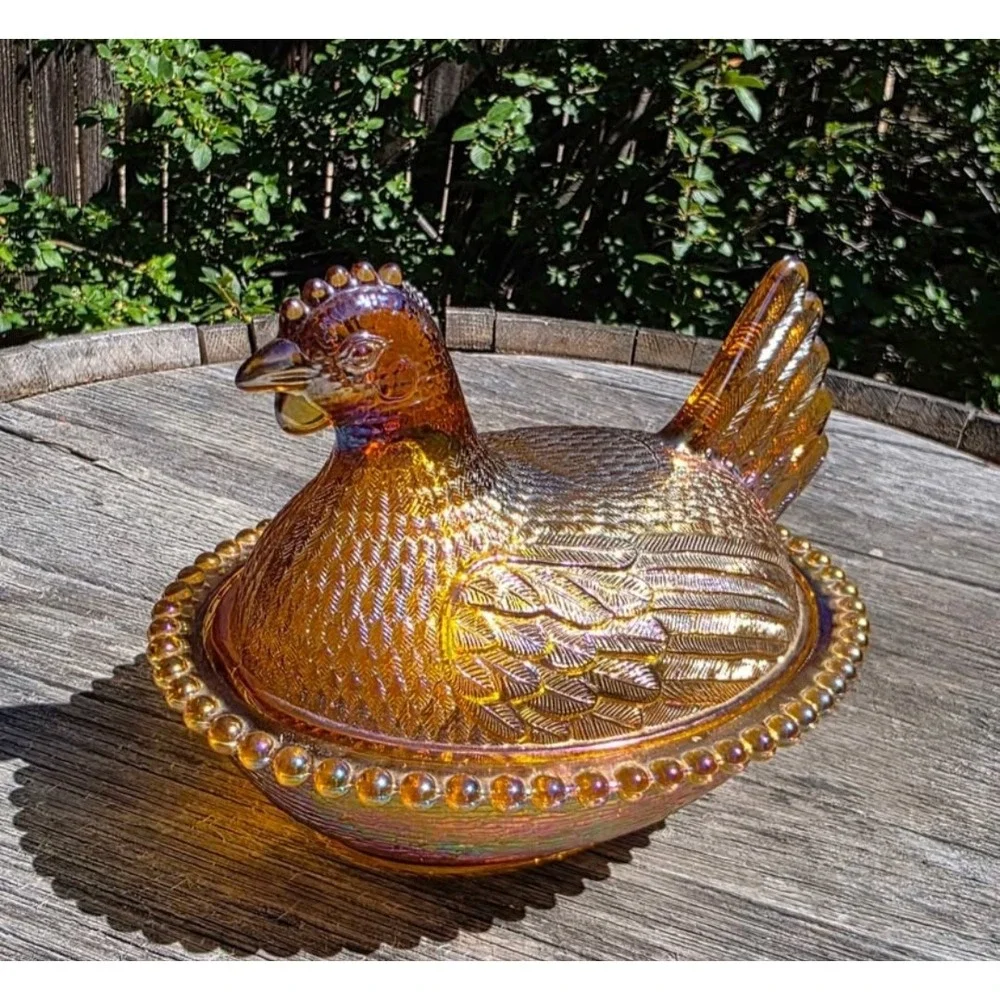Indiana Glass Amber iridescent Carnival Glass Hen on Nest Covered Dish Rare VTG